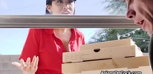  Two hard cocks for Asian delivery babe